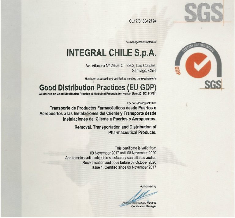 Integral Chile obtains a certificate for their excellent services in ...