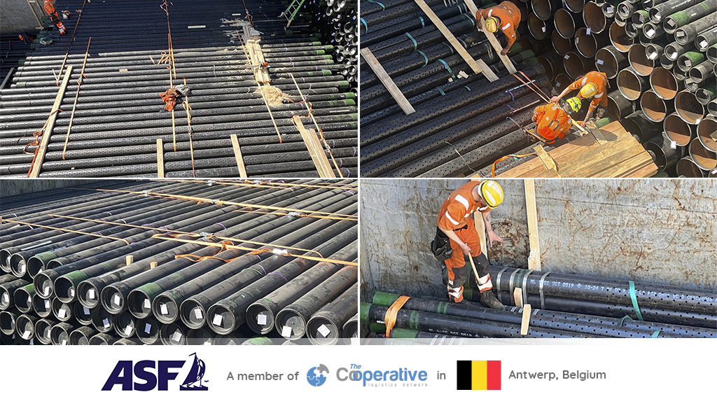  Large pipes being handled during loading operations for a power plant project shipment from Antwerp to Iceland